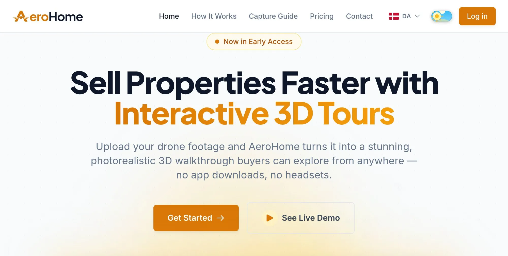 The AeroHome landing page: sell properties faster with interactive 3D tours