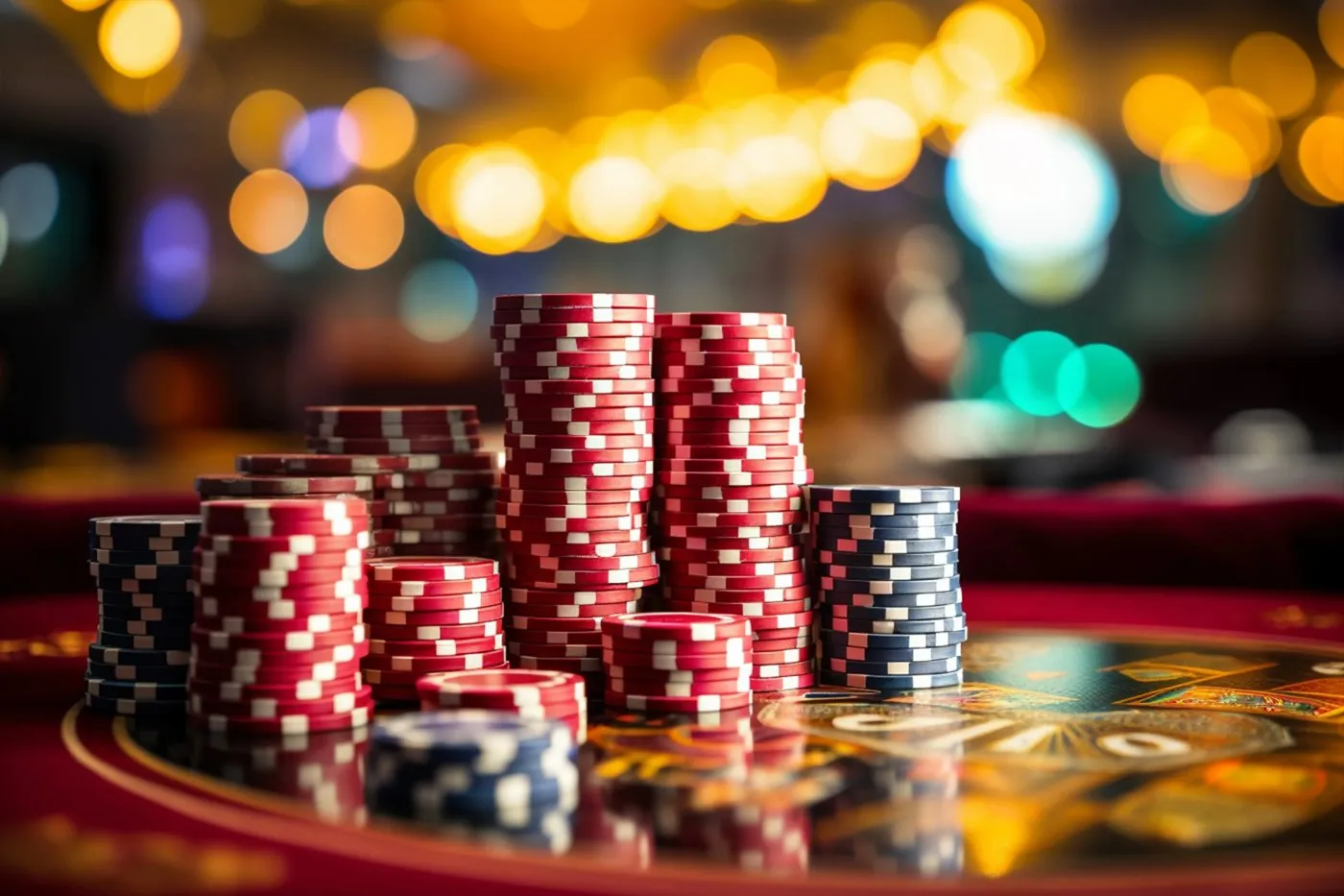 Poker chips and playing cards on a felt table