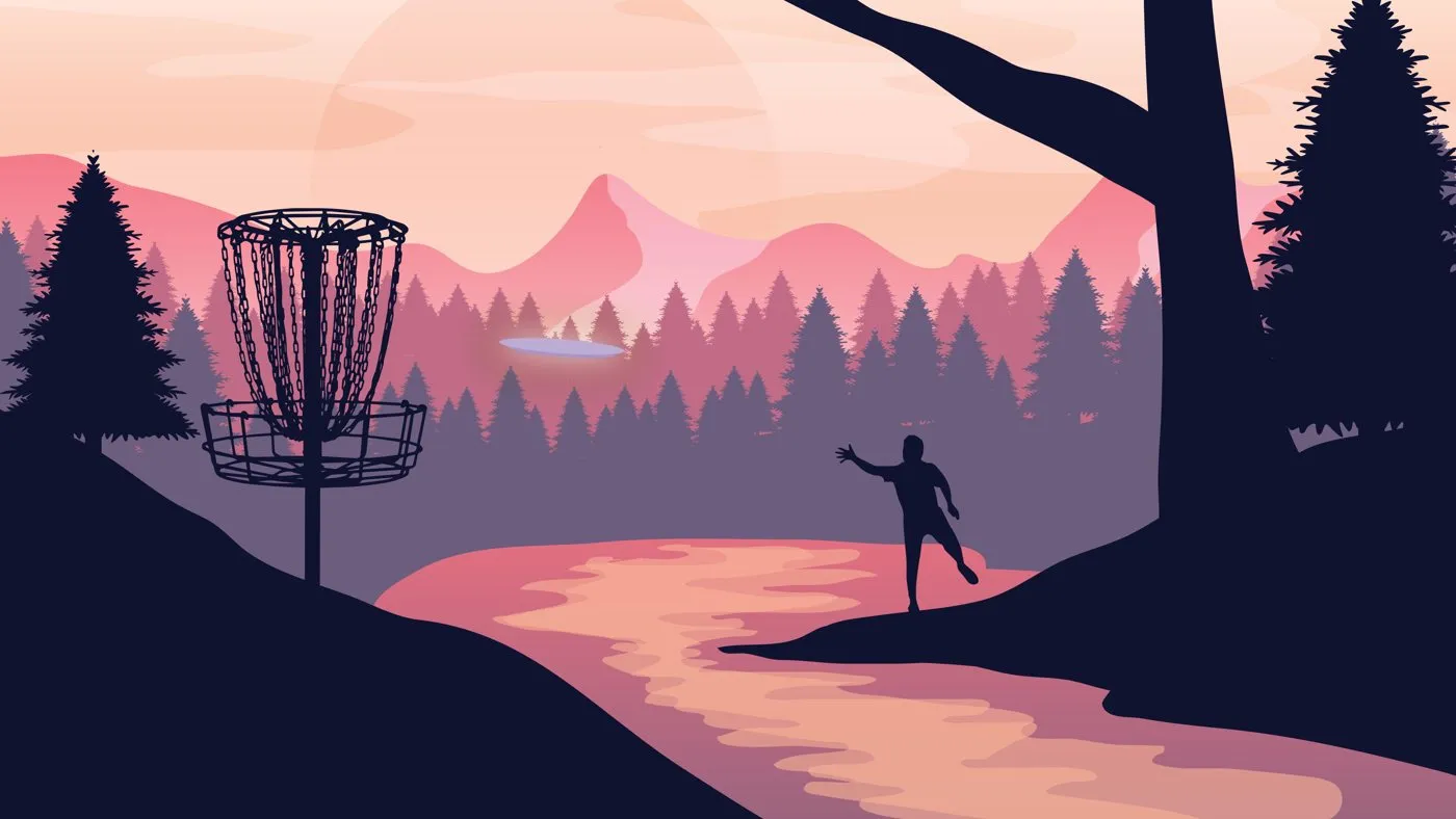 Illustration of a disc golf throw at sunset
