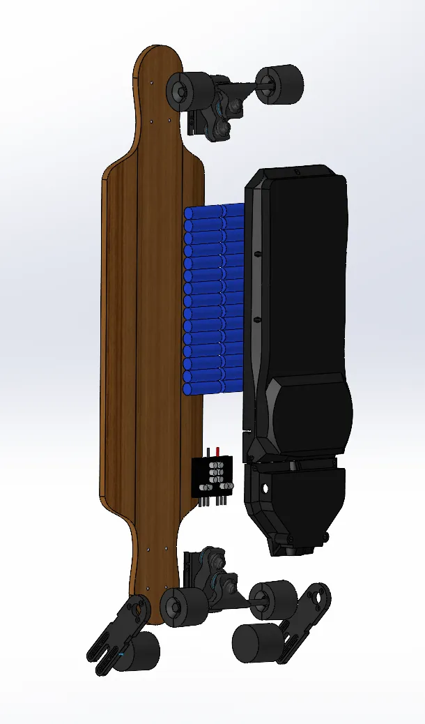 Exploded CAD view of the skateboard drivetrain and battery enclosure